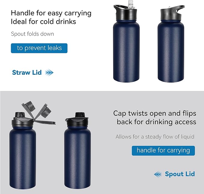 32 oz Insulated Water Bottle Stainless Steel Metal Water Bottles with Leak Proof Straw Lid & Spout Lid, Wide Mouth Double Walled Vacuum Travel Sports Bottle, Navy Blue