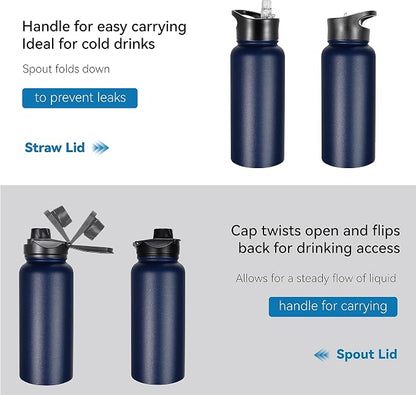 32 oz Insulated Water Bottle Stainless Steel Metal Water Bottles with Leak Proof Straw Lid & Spout Lid, Wide Mouth Double Walled Vacuum Travel Sports Bottle, Navy Blue