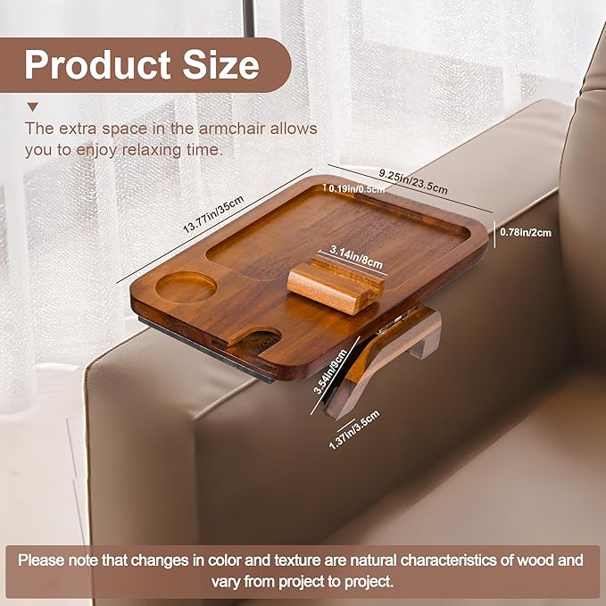 Upgrade Sofa Arm Tray, Bamboo Couch Arm Table with Wine Cup Holder, Foldable Armrest Tray Clip on Wide Couches for Eating, Drinks, Snacks, Remote, (Brown)