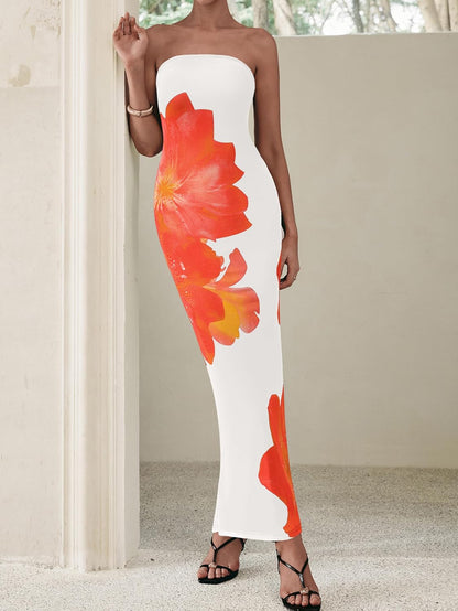 PRETTYGARDEN Women Summer Strapless Maxi Dress Bodycon Floral Sexy Long Wedding Guest Dress Formal Tube Mesh Cocktail Dresses.