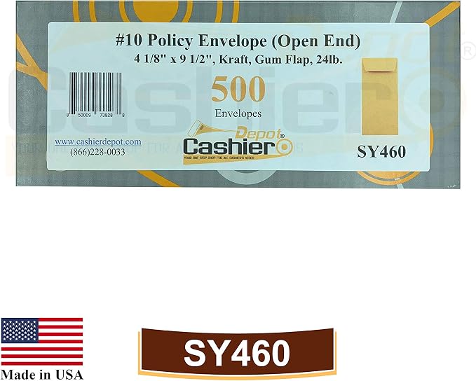 500 Cashier Depot - #10 Policy Envelopes, Open End, 4-1/8" x 9-1/2", Sturdy 24 lb. Brown Kraft Paper, Gum Flap, Business, Office & Document Organization, 500 Count
