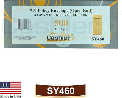 500 Cashier Depot - #10 Policy Envelopes, Open End, 4-1/8" x 9-1/2", Sturdy 24 lb. Brown Kraft Paper, Gum Flap, Business, Office & Document Organization, 500 Count