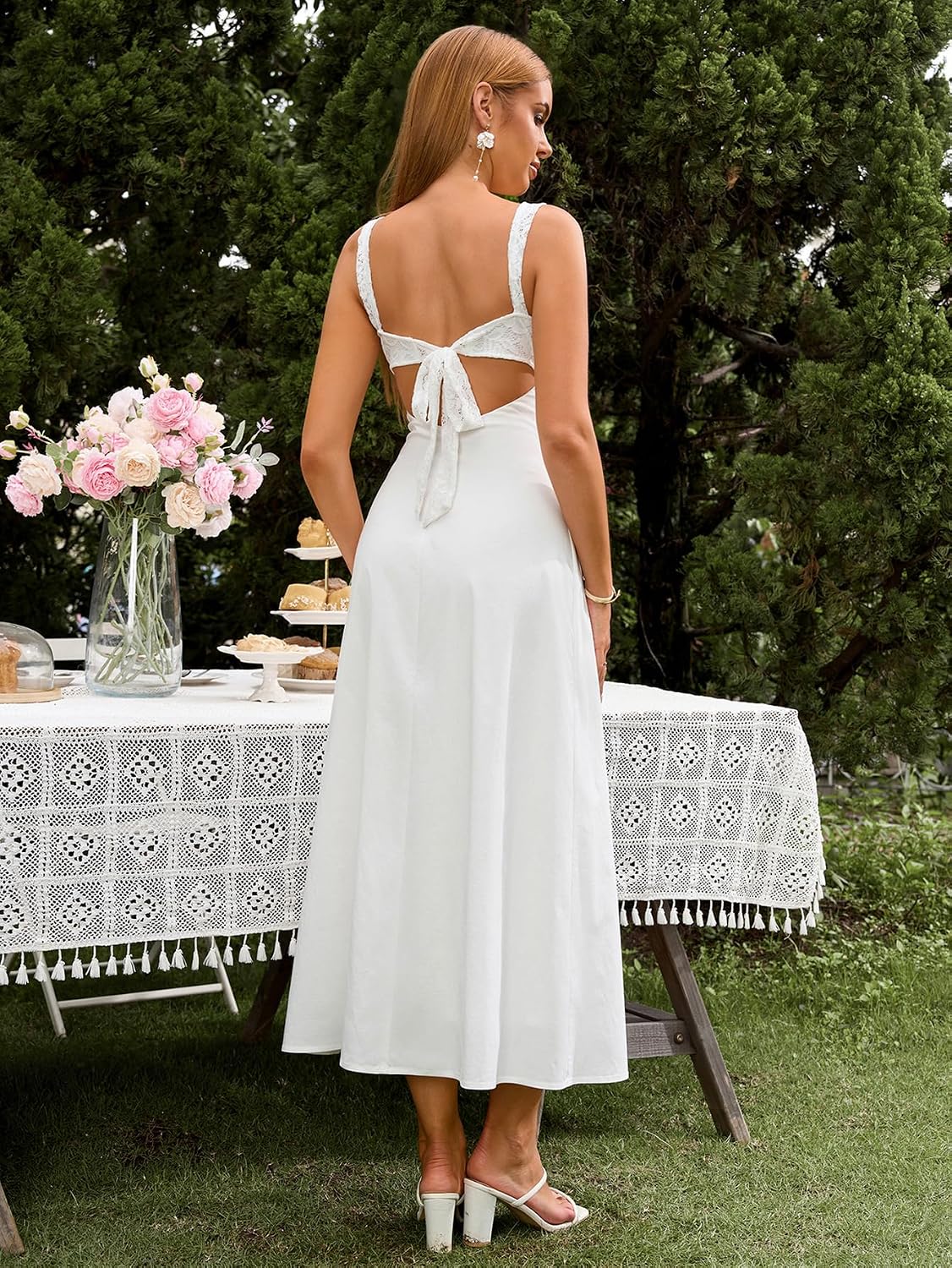 EYNMIN Lace Strap Midi Dress Sweetheart Neckline Bow Tie Backless A Line Wedding Guest Dresses for Women Casual Sundress