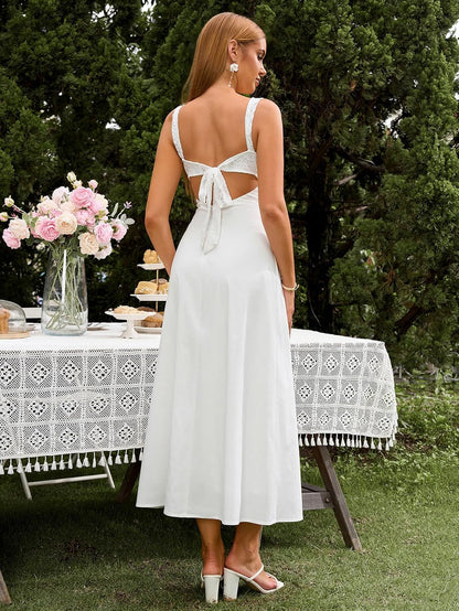 EYNMIN Lace Strap Midi Dress Sweetheart Neckline Bow Tie Backless A Line Wedding Guest Dresses for Women Casual Sundress