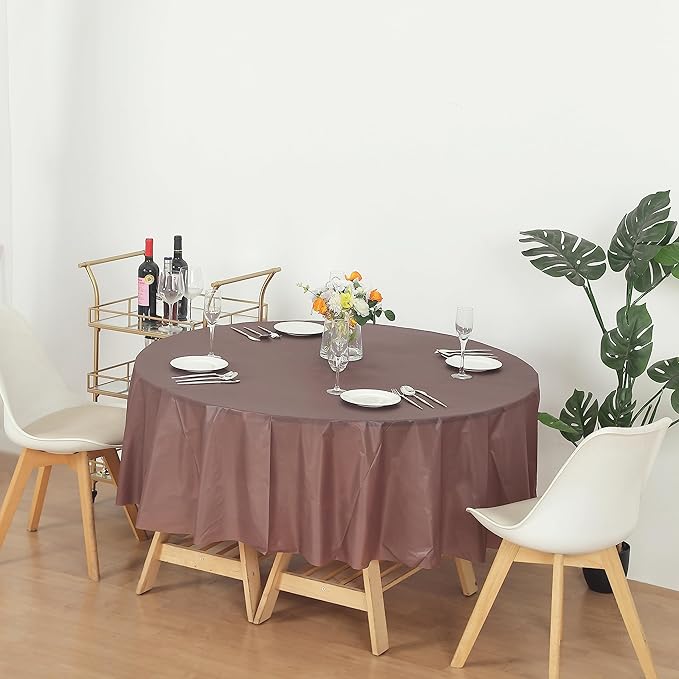 Evershine 6 Pack 84 Inch Plastic Table Cover, Brown Round Disposable Table Covers Plastic Tablecloth