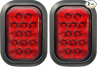 5x3 2x Red Rectangle 12 LED StopTurnTailParking Light Tow Truck Semi Trailer CM Flatbed Reading Postal Hitch Mounted RV Bus Grommet 3 Wire Pigtail Plug Kit 12V IP67 Waterproof