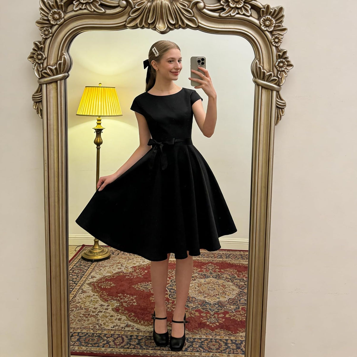 1950s-inspired cocktail dress, flattering boatneck, cap sleeves, pockets, stylish and practical. Check it out on - you won't regret it!
