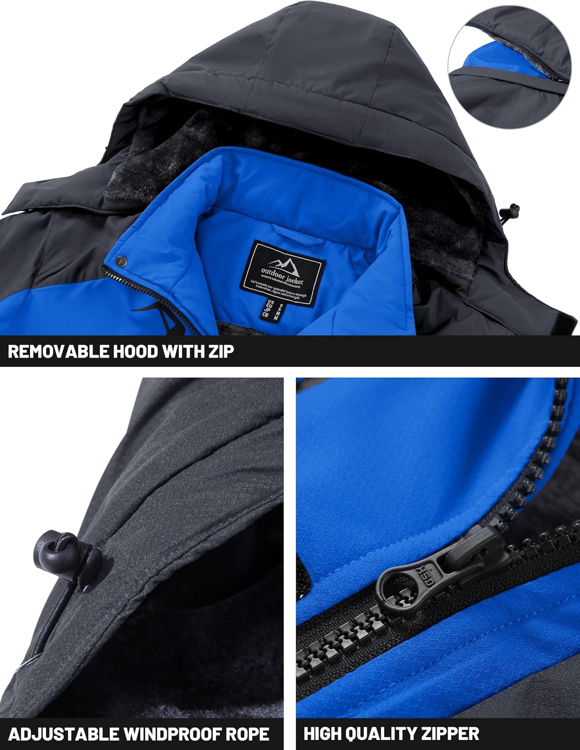 TACVASEN Men's Winter Ski Jacket Waterproof Warm Fleece Snow Coat with Hood | Windproof Breathable Fabric, Thermal Lined, Detachable Hood, 4 Pockets, Skiing, Snowboarding, Work, Hiking