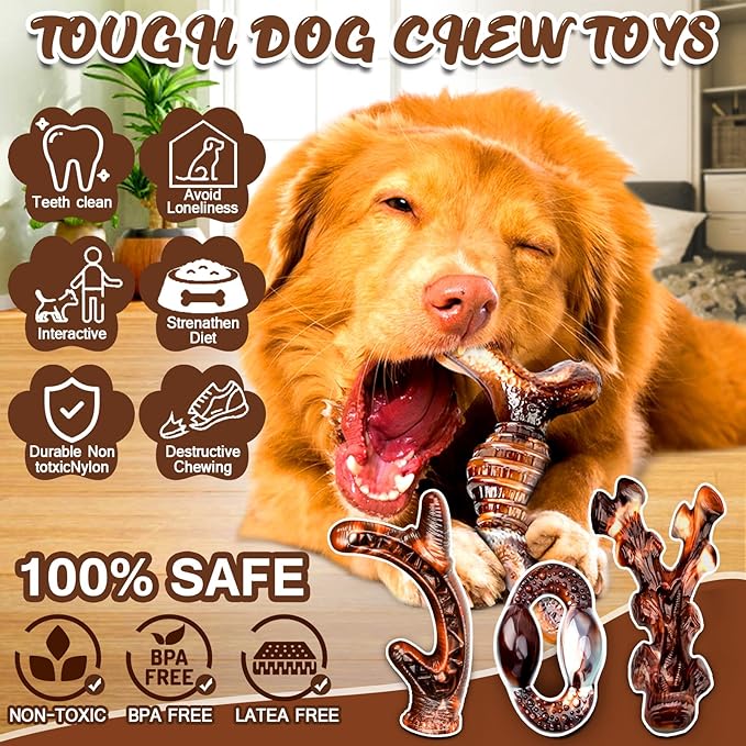 Pack of 4 dog chew toys for aggressive chewers, sturdy and indestructible bacon flavored dog toys, durable nylon bone toy for breeds