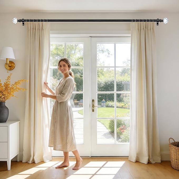 Curtain Rods 32 to 58 Inch(2.6 to 4.8ft), Telescoping Splicing 3/4 Single Rods for Windows Decorative Drapery Rod with Acrylic Diamond Finial, Black
