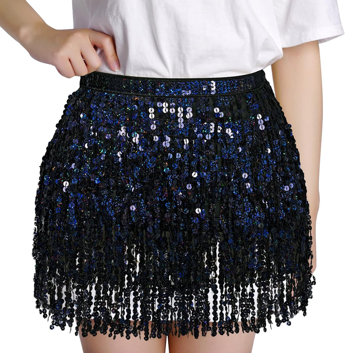 Belly Dance Hip Scarf Sequin Tassel Skirt Wrap Sparkly Rave Costume for Women