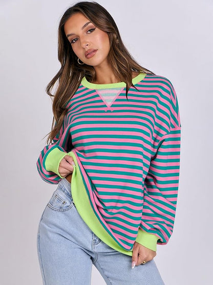 ANRABESS Women Striped Oversized Sweatshirt Crewneck Long Sleeve Shirts Hoodies 2025 Summer Fashion Pullover Top Y2K Outfits
