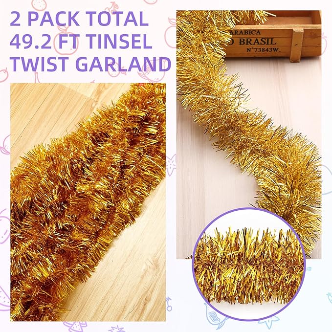 50 Feet Gold Tinsel Garland Christmas Foil Tinsel Garland Decoration Metallic Banner Wall Hanging Tinsel Streamers Garland for Christmas Tree Birthday Party Decorations (3.54" x 50', Gold)