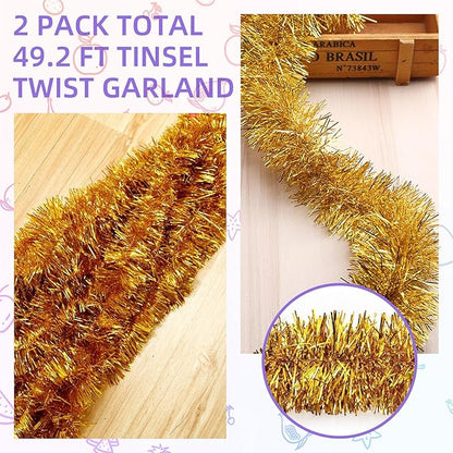 50 Feet Gold Tinsel Garland Christmas Foil Tinsel Garland Decoration Metallic Banner Wall Hanging Tinsel Streamers Garland for Christmas Tree Birthday Party Decorations (3.54" x 50', Gold)