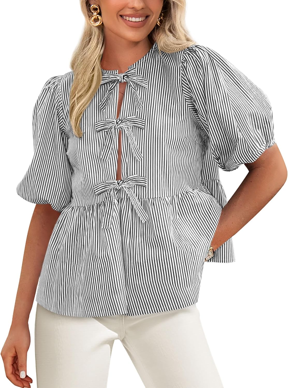 PRETTYGARDEN Women Striped Tie Front Babydoll Peplum Tops | Short Puff Sleeves, Lightweight Crew Neck Blouse, Hidden Buttons, Spring Summer Shirts for Casual Outing, Date Night, Party .