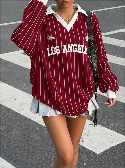 SOLY HUX Women's Oversized Tees Striped Letter Print Y2k Jersey T Shirt Collar V Neck Long Sleeve Loose Tops