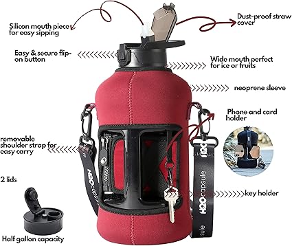 H2O Capsule 2.2L Half Gallon Water Bottle with Storage Sleeve and Covered Straw Lid  BPA Free Large Reusable Drink Container with Handle - Big Sports Jug, 2.2 Liter (74 Ounce)