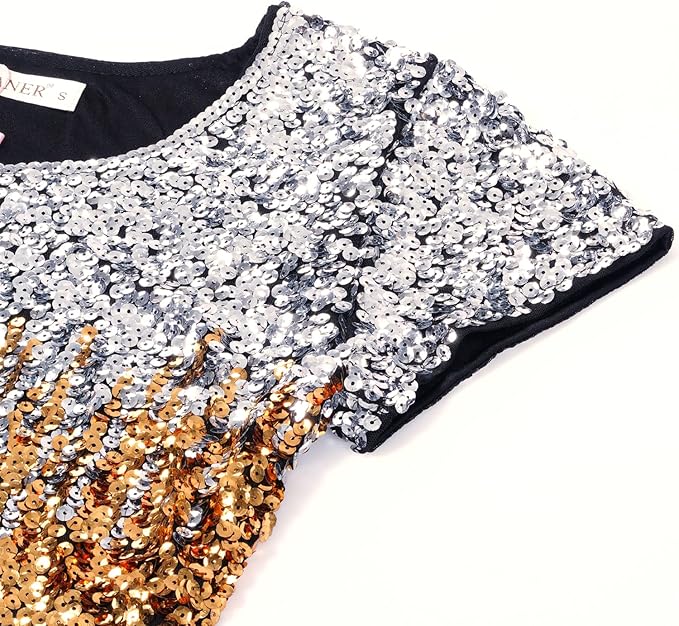 MANER Womens Full Sequin Tops Glitter Party Shirt Short Sleeve Sparkle Blouses S-4X