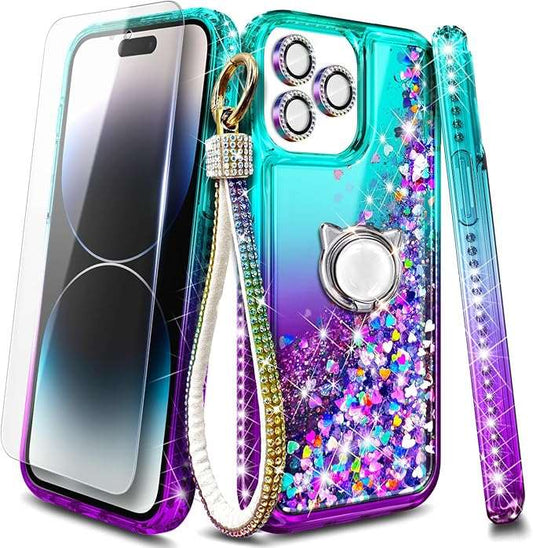 Designed for iPhone 15 Pro Max Case with Tempered Glass Screen Protector/Camera Lens Protector/Wrist Strap Lanyard/Ring Holder, Glitter Floating Liquid Girls Women Cute Case (Aqua/Purple)