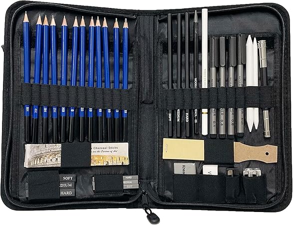 40PC Drawing Kit - Pencil, Marker, White Charcoal, Graphite and More. Gift Set Perfect for Beginners, Professional Artists, Painters, Students - Art Supplies With Pop-Up Carrying Case