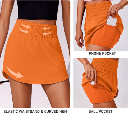 PINSPARK 16" Golf Skirts for Women High Elastic Waisted Skort 2 Pockets | Curved Hem, Tummy Control, Built-in Shorts, Quick-dry, Lightweight, Pickleball, Flowy, Tennis Skort for Woman