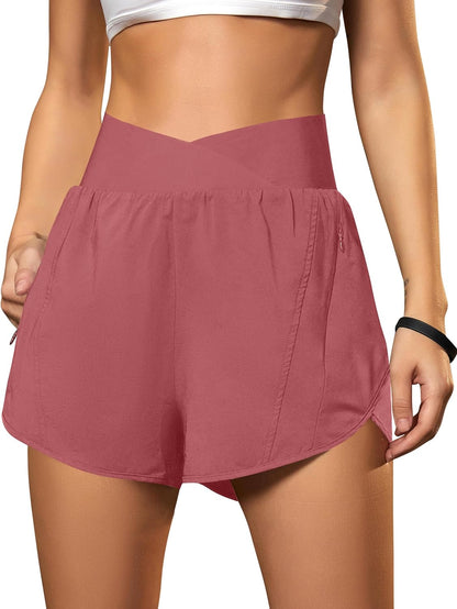 Blooming Jelly Women's Workout Shorts Athletic Running Shorts Crossover High Waisted Gym Shorts with Zipper Pockets.