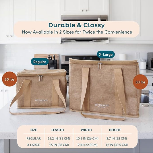 Reusable Insulated Grocery Bag - Leak Proof, Regular Insulated Cooler Bag - Insulated Shopping Bags for Groceries - Travel Cooler Bag for Frozen Hot Food with Zippered Top - for Beach, Picnic (Blue)
