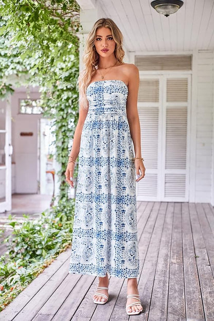 GRACE KARIN Women Strapless Casual Loose Ruched Long Maxi Dress with Pockets