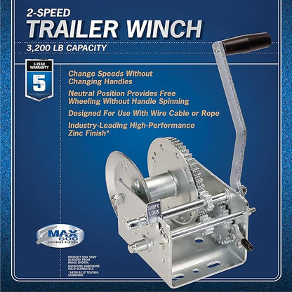 Fulton 142420 Trailer Winch, Two-Speed, 3,200 lbs. Capacity, No Strap, 10 Inch Handle, Silver