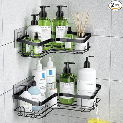 Corner Shower Caddy, 2 Pack Adhesive Shower Organizer with 8 Hooks, No Drilling Rustproof Stainless Shower Shelves for Bathroom, Organizers and Storage Racks, Black