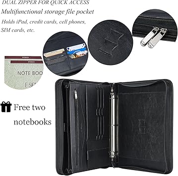 IVESIGN Zippered Padfolio Binder, Faux Leather Organizer with 3-Ring Binder, Left-Handed Design, Business Card Slots  Document Folders - Professional Padfolio for Office (Black)