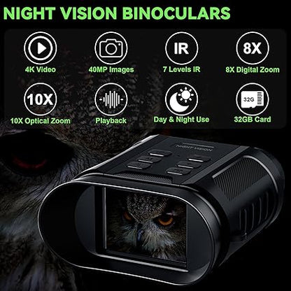WONGKUO Night Vision Goggles - 5W Upgraded 4K HD IR Binoculars - 8X Digital Zoom, Rechargeable Binoculars with Camera Built in, 32GB Card to Save Photos and Videos, Flashlight for Camping Hunting