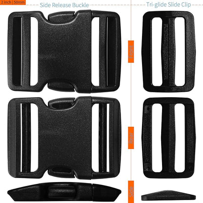 Buckles for 2 inch Wide Webbing Straps: Quick Side Release Buckle Clip 2 set and Tri-Glide Slide 4 pcs Fit 2" Nylon Web Belt, Plastic Snap Fastener Clip Heavy Duty Replacement Dual Adjustable