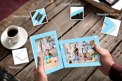 Vertical Horizontal Combo, Double 5x7 Soft-Blue Wood Foldable Picture Frame, Opening 4.5x6.5, Desktop or Wall Mounted, Portrait and Landscape View