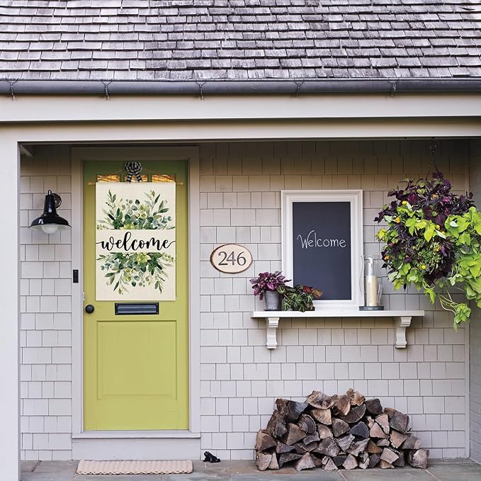 AVOIN colorlife Spring Summer Floral Welcome House Flag 28x40 Inch Double Sided Outside, Eucalyptus Seasonal Farmhouse Yard Outdoor Flag