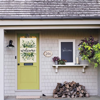 AVOIN colorlife Spring Summer Floral Welcome House Flag 28x40 Inch Double Sided Outside, Eucalyptus Seasonal Farmhouse Yard Outdoor Flag