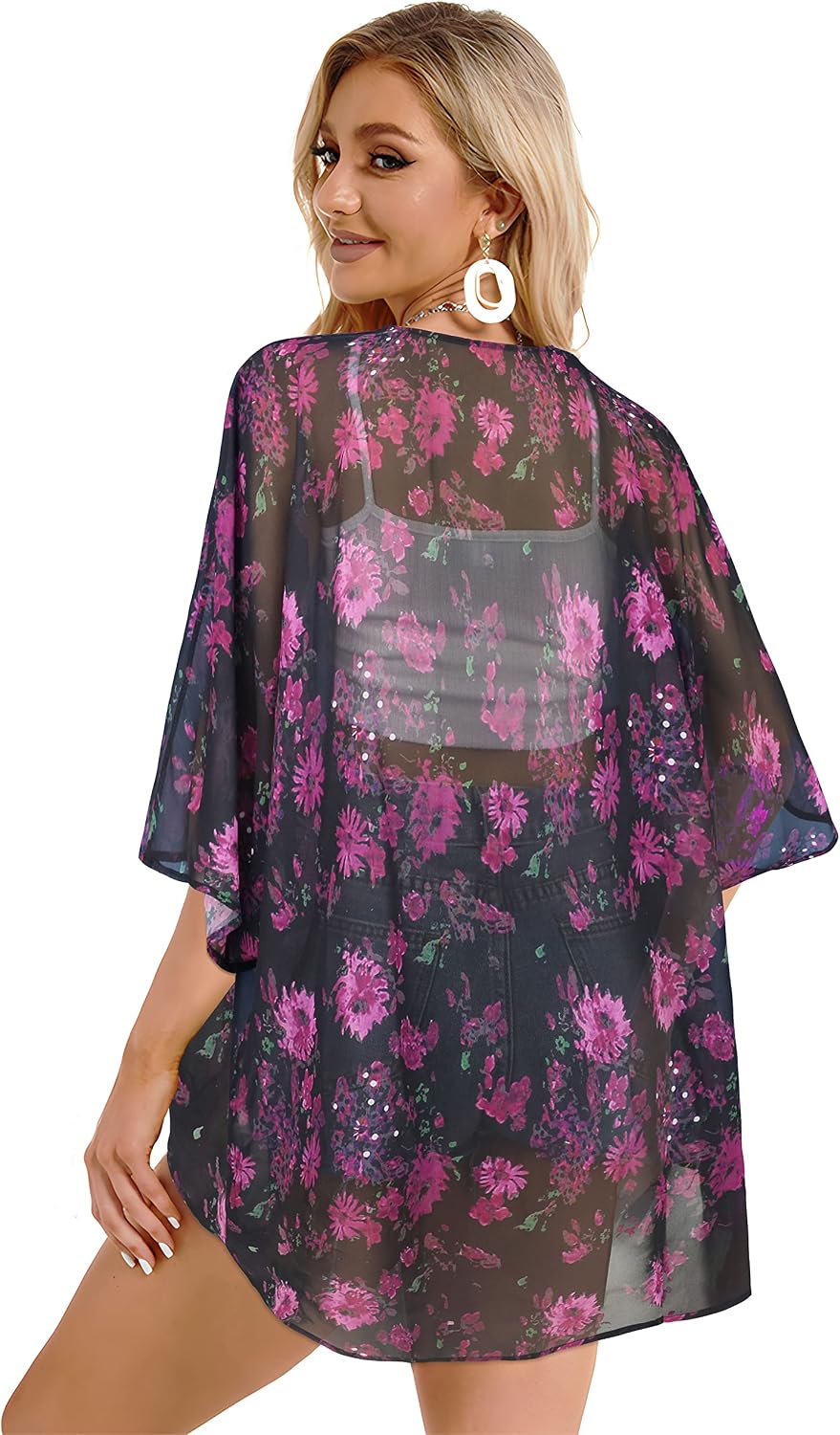 Women's Floral Print Puff Sleeve Kimono Cardigan Loose Cover Up Casual Blouse Tops 2026