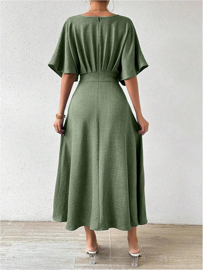 Small Not Medium Floerns Women's V Neck Half Sleeve Dress Pleated Ruffle A Line Elegant Maxi Dresses Green