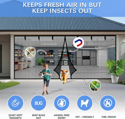 Garage Door Screen for 2 Car Garage 16x7FT, Magnetic Screen Garage with Retractable Fiberglass Mesh and Heavy Duty Weighted Bottom, Easy Assembly & Pass, Hands Free Door Screen Kit