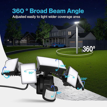 Olafus 130W Motion Sensor Outdoor Light Plug in, Motion Flood Light Dusk to Dawn, 13000LM IP65 Waterproof Exterior LED Security Lights, 5 Heads Motion Detector Floodlights for Garage Yard, Black