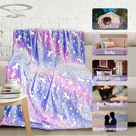 Unicorn Glow in The Dark Blanket for GirlsKids Age 3-12, Soft Fleece Throw - 40"x60"