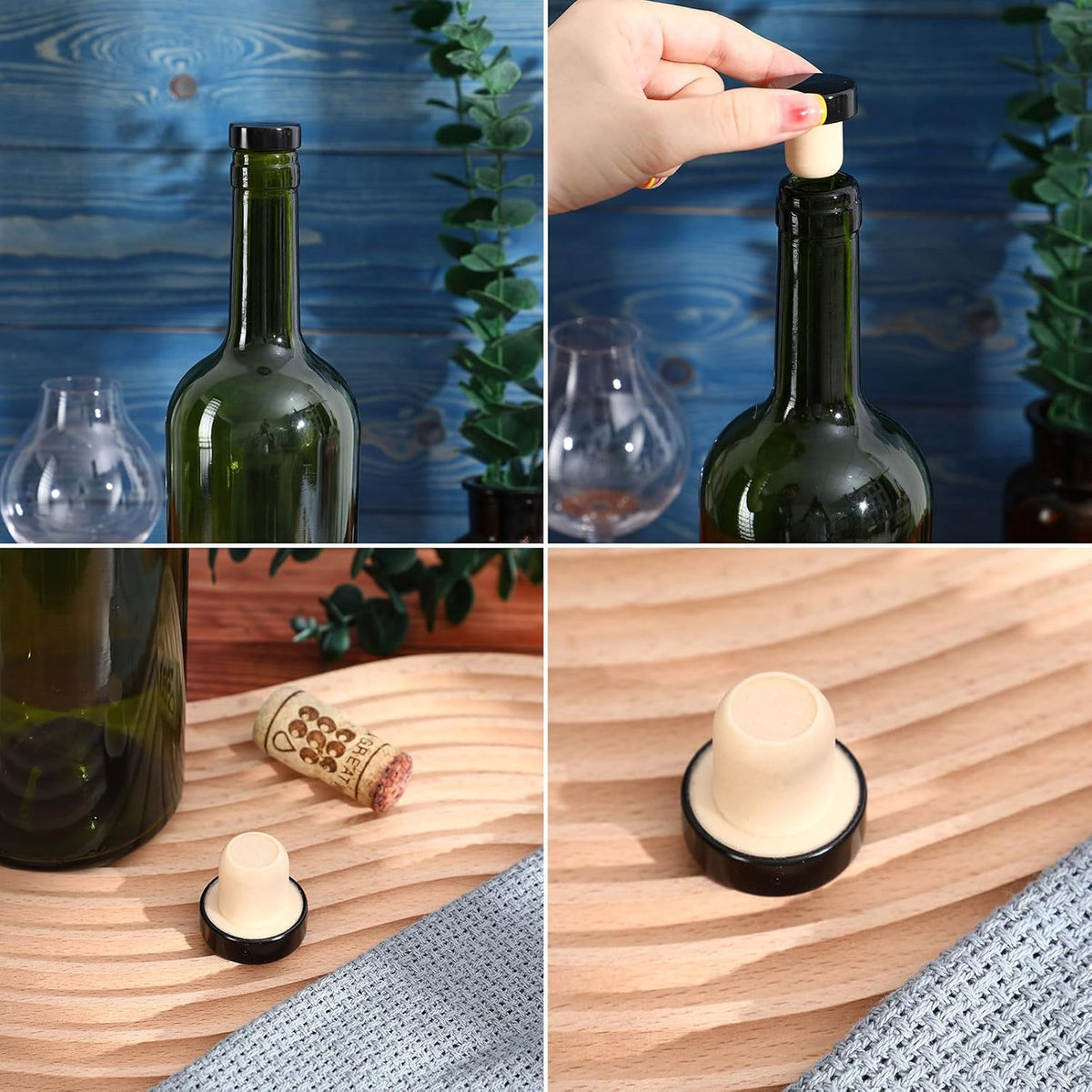 Yookeer 144 Pcs Cork Bottle Stoppers T-Shaped,Black Reusable Wine Sealing Plug for Beer, Natural Cork with Metal Cap, Preserve Freshness, For Home Bar and DIY Craft Use