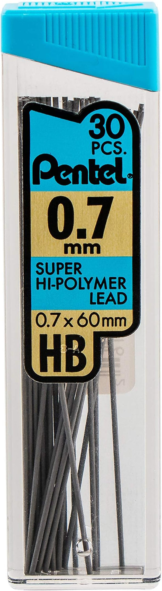 PentelA Super Hi-PolymerA Leads, 0.7 mm, Medium, HB, 30 Leads Per Tube, Pack Of 3 Tubes