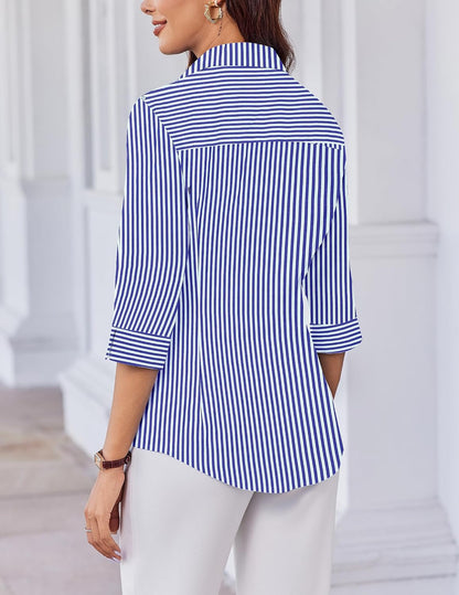 Women's 3/4 Sleeve Slim Fit V-Neck Button Down Shirt