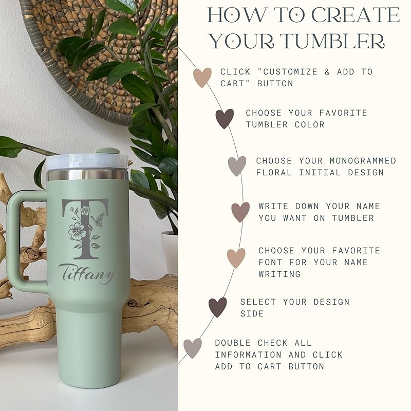 Personalized 40 oz Tumbler With Engraved Name, Custom Monogrammed Initial Thermos With Handle, Customized Birthday Gift Cup For Women, Bridesmaid Coffee Mug With Straw