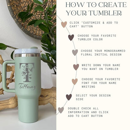 Personalized 40 oz Tumbler With Engraved Name, Custom Monogrammed Initial Thermos With Handle, Customized Birthday Gift Cup For Women, Bridesmaid Coffee Mug With Straw