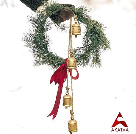 Christmas Bells for Rustic Decor Set of 4 Brass Bells on Rope Vintage Gold for Crafts