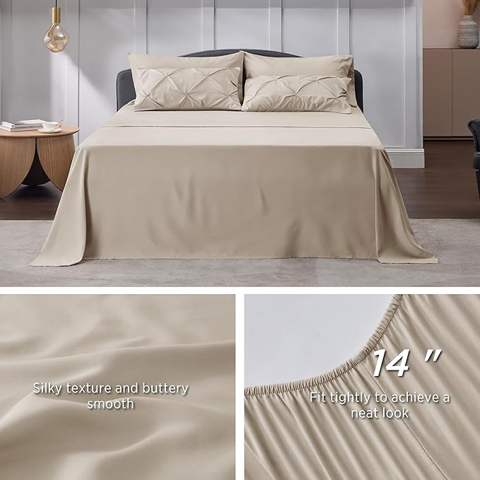 Bedsure Queen Comforter Set Beige - Bed in a Bag Queen Size 7 Pieces, GentleSoftTM Pintuck Bed Set Gift for Family, Pinch Pleat Beige Comforter with Sheets, Pillowcases  Shams