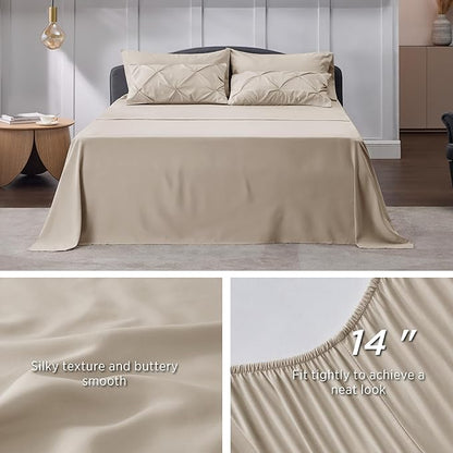 Bedsure Queen Comforter Set Beige - Bed in a Bag Queen Size 7 Pieces, GentleSoftTM Pintuck Bed Set Gift for Family, Pinch Pleat Beige Comforter with Sheets, Pillowcases  Shams