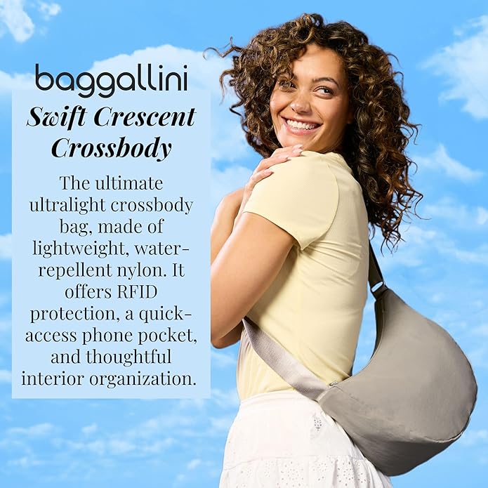 Baggallini Swift Crescent Crossbody Bag for Women - Lightweight 12"x8" Travel Purse Handbag